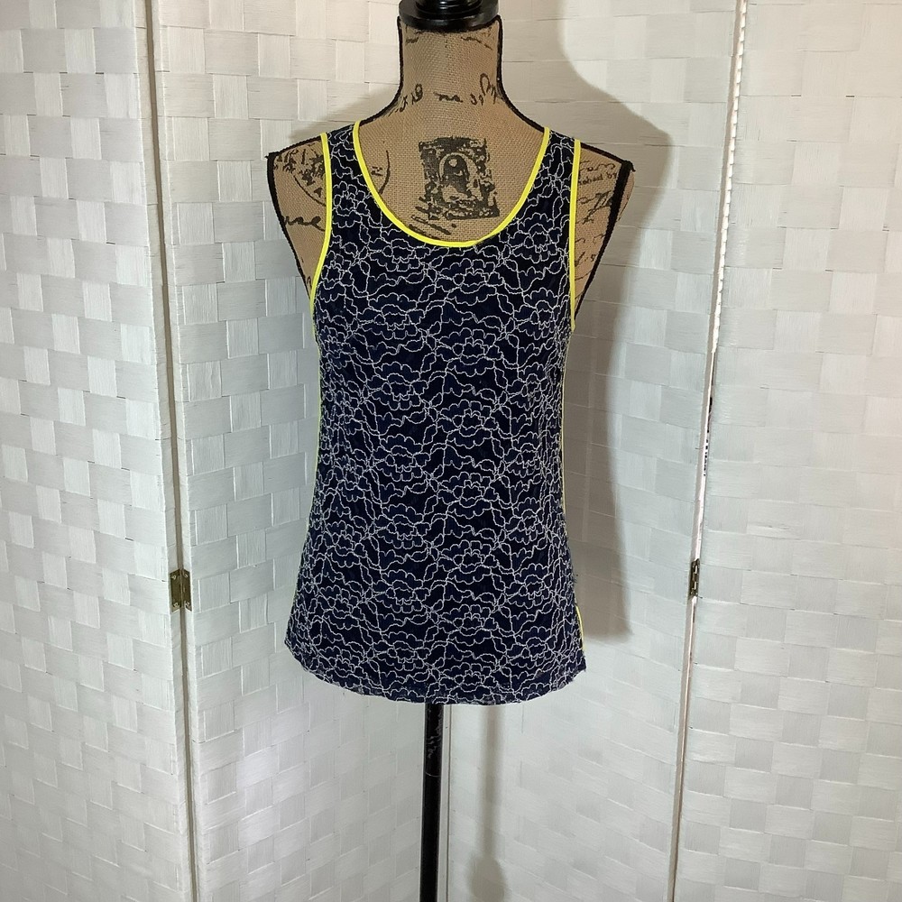 banana republic blue, white floral lace blouse with yellow trim size 2